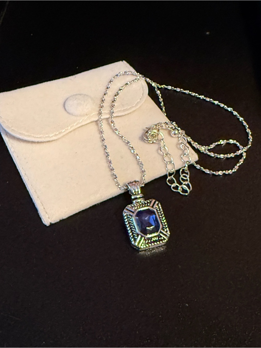 Silver tone Pendant Necklace with Deep Blue Glass Gem